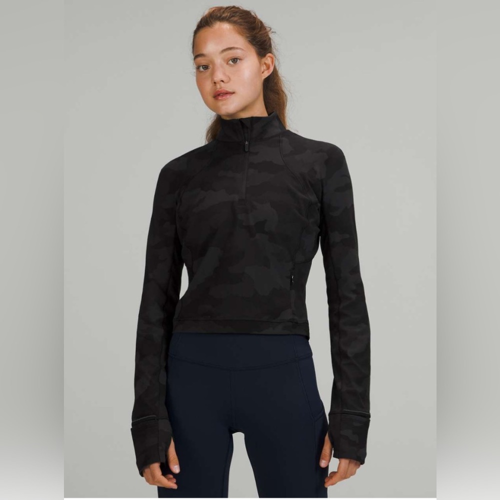 Lululemon Rulu Run Cropped Half Zip Long Sleeve Heritage Camo Coal Size 2